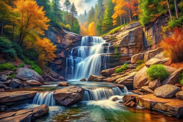 Obraz premium High angle view of a waterfall in rocky landscape surrounded by trees and rocks