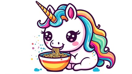 Adorable Kawaii Unicorn Eating Ramen: Vibrant Colors, Bold Outline, and Clean White Background