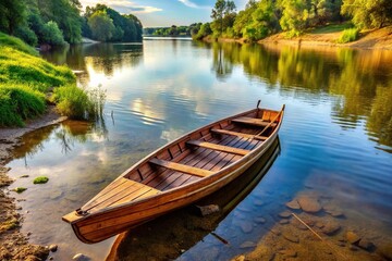 High angle view of a wooden boat moored by the riverbank