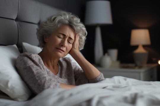 An older woman experiencing discomfort in bed during the night while struggling with a headache at home