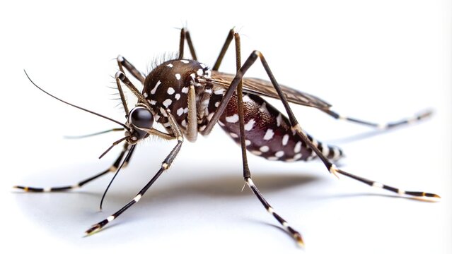 High angle view of Aedes aegypti mosquito with white spots on white background