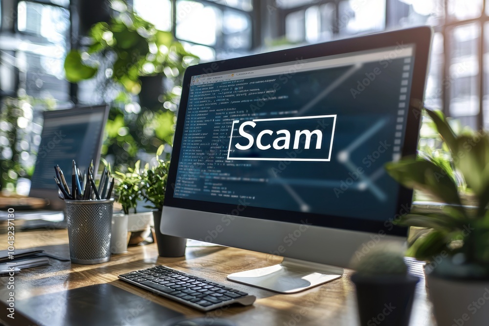 Poster computer screen displaying a scam warning email highlighting the importance of cybersecurity in a mo