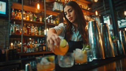 Professional Caucasian female bartender preparing a cocktail drink at the bar counter in a nightclub