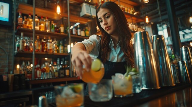 Professional Caucasian female bartender preparing a cocktail drink at the bar counter in a nightclub