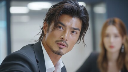 ビジネスミーティングの焦点: プロフェッショナルな服装と積極的な表現