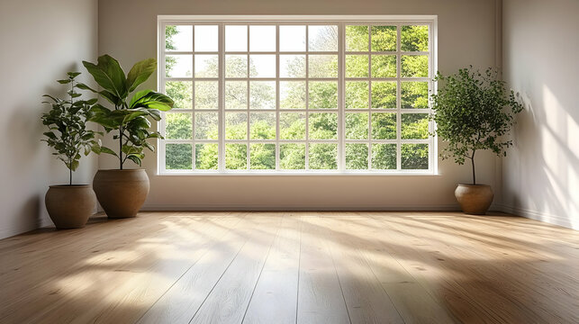 Fototapeta Empty Room With Window and Plants 3D Illustration