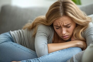 woman have a stomach pain from menstruation at home, Generative AI