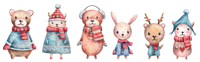 Cute animals in Christmas sweaters and hats with ornaments - watercolor adorable animal kids illustration. Hand painted detailed winter fairy tale characters - deer, bear, bunny, mouse
