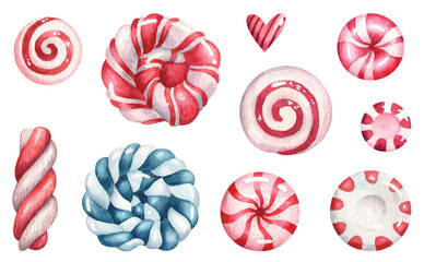 Swirl candy, lollipop, peppermint candy - Christmas holiday sweets collection. Hand painted watercolor red and blue peppermint candy with swirl pattern, in high resolution