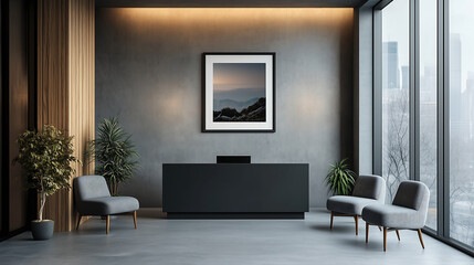 Fototapeta premium modern reception area with dark furniture and minimalist decor