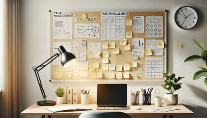 Creative workspace organizing ideas and task management with visual strategies for enhanced productivity