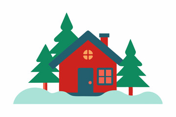 Fototapeta premium Cozy Cabin in the Snow Vector Illustration on a White Background