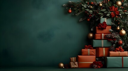 Festive and cozy holiday scene featuring a large decorated Christmas tree with gleaming golden ornaments twinkling fairy lights plush red velvet bows