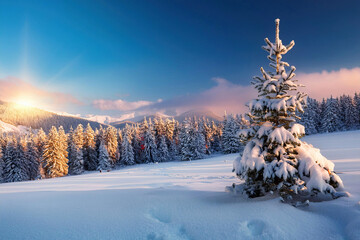 Panorama invernale di un prato di montagna circondato dai pini innevati all'imbrunire