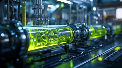 Close-up of a glowing green liquid flowing through a series of tubes in a futuristic industrial setting.