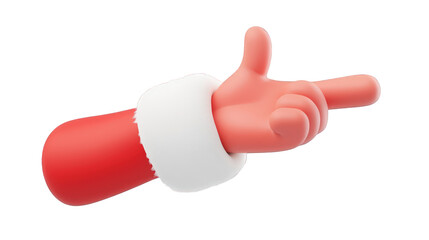 Cartoon 3D hand Santa Claus shows index finger. On a transparent background, creating a festive atmosphere.