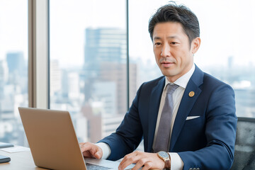 A Young Busy Asian Business Man Entrepreneur Working on Laptop at Corporate Office. Professional Japanese Businessman Worker Using Computer Technology Sitting at Table, Big City View From Window