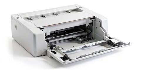 High angle view of broken laser printer on white background