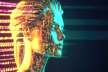 A vibrant human face comprised of neon digital patterns, representing technology and data flow in a futuristic ambiance.