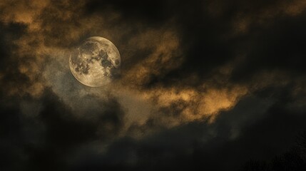 A luminous full moon partially obscured by dark, swirling clouds at night.