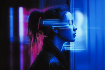 Fototapeta premium A side profile of a woman illuminated by neon lights evokes a sense of mystery and modernity, blending art and futuristic design.