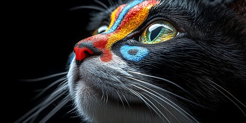 Naklejka premium intimate close-up of a cat's face illuminated by a dark background.