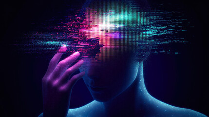 A faceless figure experiencing digital transformation, representing the blending of identity, technology, and abstract realities.