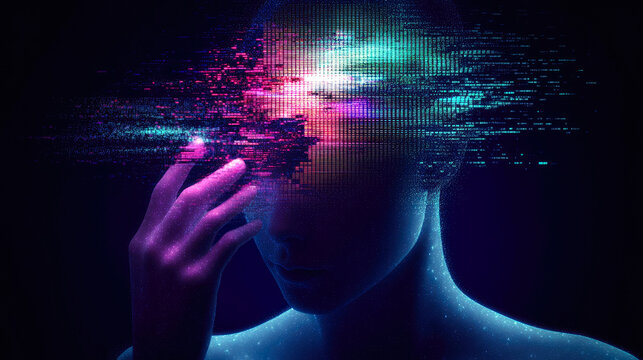 A faceless figure experiencing digital transformation, representing the blending of identity, technology, and abstract realities.