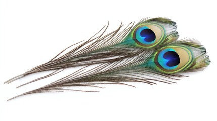 Obraz premium Two vibrant peacock feathers showcasing iridescent colors and intricate patterns.