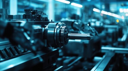 Fototapeta premium A close-up of industrial machinery in a factory setting, showcasing precision engineering.