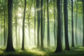 Obraz premium Abstract forest in soft shades of green, sunlight streaming through with room for copy