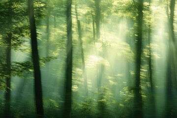 Fototapeta premium Abstract forest in soft shades of green, sunlight streaming through with room for copy