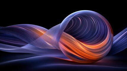 Abstract glowing sphere with flowing lines in purple, blue and orange on a black background.