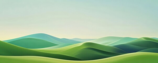 Obraz premium Abstract landscape of rolling green hills and a blue sky, minimalist background with text space