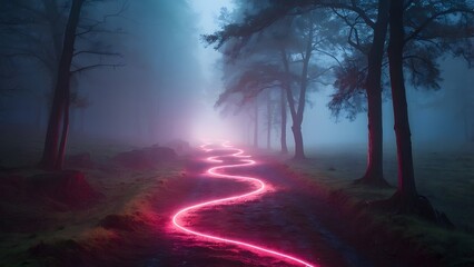 Obraz premium A Winding Illuminated Path Through a Foggy Forest at Dusk With Glowing Trails of Light
