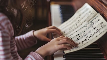 A child learning to play the piano, with sheet music spread out and a look of concentration on their face.