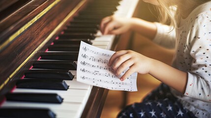 Fototapeta premium A child learning to play the piano, with sheet music spread out and a look of concentration on their face.