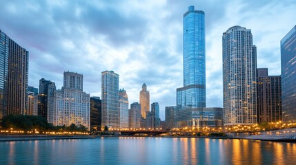 Fototapeta premium A stunning cityscape at dusk, showcasing skyscrapers reflecting in the water.