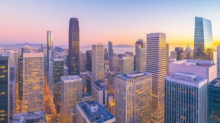 Fototapeta premium A vibrant city skyline at sunset, showcasing modern architecture and urban life.