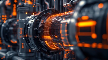 Fototapeta premium Close-up of futuristic machinery with glowing orange lights, showcasing advanced industrial technology and intricate mechanical design.