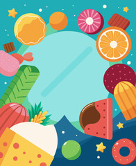 Colorful candy and fruit frame design for posters and invitations