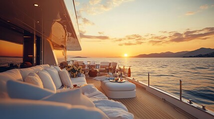 Fototapeta premium A large luxury yacht sits anchored in the calm blue waters of a bay.