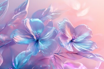sleek and futuristic spring banner design featuring iridescent textures and minimalist floral patterns in lilac and mint hues