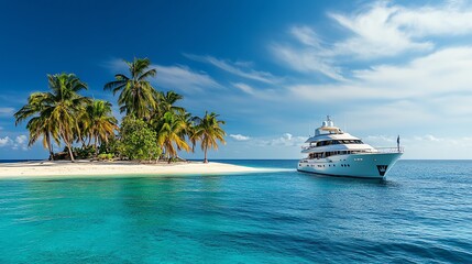 Fototapeta premium A large white yacht sits anchored in the calm blue waters of a bay.