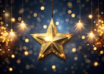 a gold star hanging from a string with lights around it.