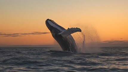 Fototapeta premium A humpback whale breaches the water at sunset.