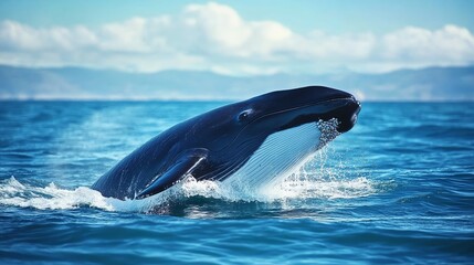 Fototapeta premium A humpback whale breaches the surface of the ocean on a bright day.