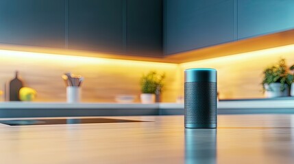 Fototapeta premium A sleek smart speaker sits on a modern kitchen countertop, illuminated by warm ambient lighting, surrounded by greenery and minimalist decor.
