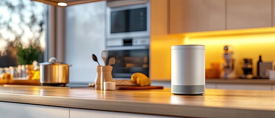 A modern kitchen scene featuring a smart speaker on a countertop, with cooking utensils and a softly lit background, creating a warm ambiance.