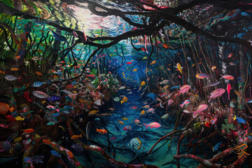 mangrove forrest Tree background with a fish Various colors background of trees